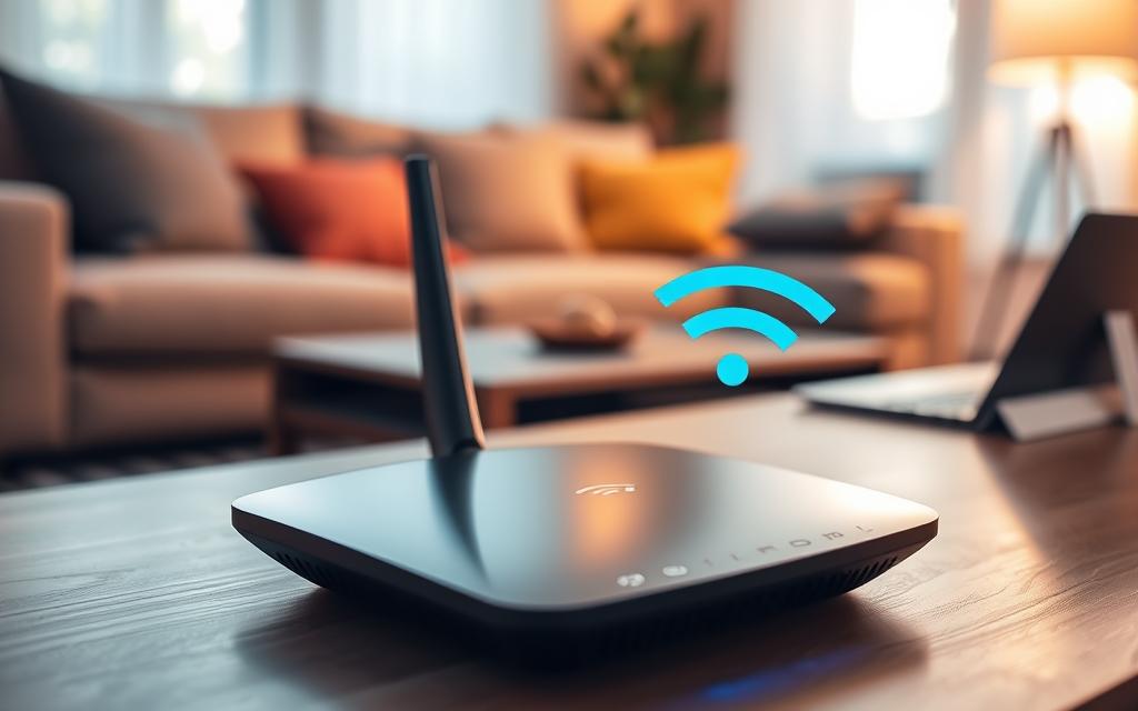 A close-up view of a Wi-Fi device positioned near a router, emphasizing a strong connection on the 5 GHz band. In the foreground, focus on the sleek, modern router with indicator lights glowing blue, signifying active connectivity. The background features a cozy living room environment, with soft lighting illuminating the space. The angle is slightly tilted to showcase the router's seamless design and the device's connectivity status. Surrounding the router, include soft-focus elements like a laptop and tablet, symbolizing everyday home internet usage. The mood is calm and tech-savvy, with warm hues enhancing the inviting atmosphere of a connected home.