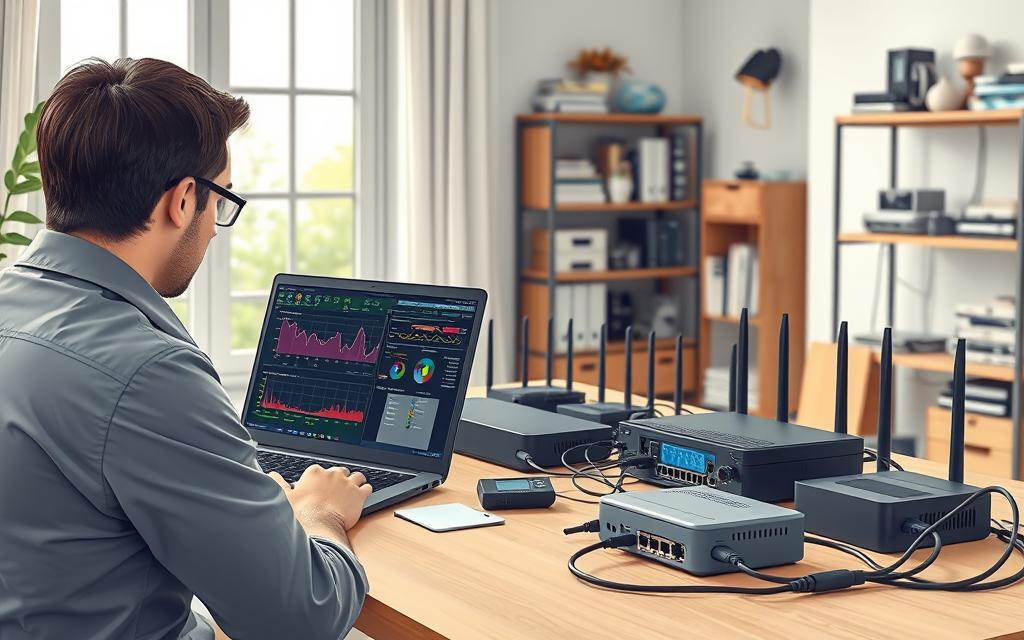 A detailed illustration of a cable test setup for evaluating internet service providers. In the foreground, a technician in a professional outfit is focused on a laptop displaying network diagnostics, with colorful graphs and data on the screen. In the middle, a variety of networking equipment like routers and cables are neatly arranged on a work table, with a digital speed test device prominently featured. The background shows a well-lit room with a large window allowing natural light, and shelves stacked with technical books and gadgets, creating an organized, tech-savvy atmosphere. The scene is infused with a serious yet optimistic mood, emphasizing the importance of reliable internet connectivity in a home setting. Use soft, natural lighting and a slight depth of field for a professional look.