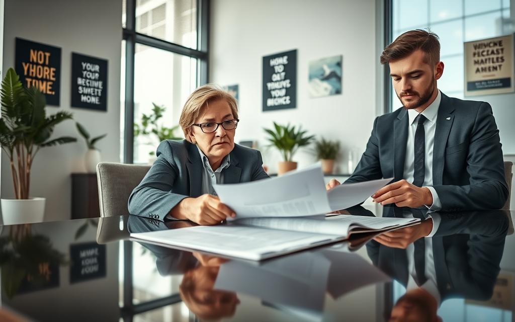 A focused scene in a modern office setting, depicting a consumer reviewing documents with a financial advisor before making a debt renegotiation payment. In the foreground, the consumer, a middle-aged person in smart business attire, looks intently at a file spread on a polished table, with a concerned expression. The financial advisor, a young professional in a suit, points out details in the documents, showcasing a sense of trust and professionalism. In the background, soft natural light filters through large windows, creating a warm and inviting atmosphere. The room is organized with plants and motivational posters, adding to a productive mood. The camera angle captures both individuals, emphasizing their engagement in the consultation process.