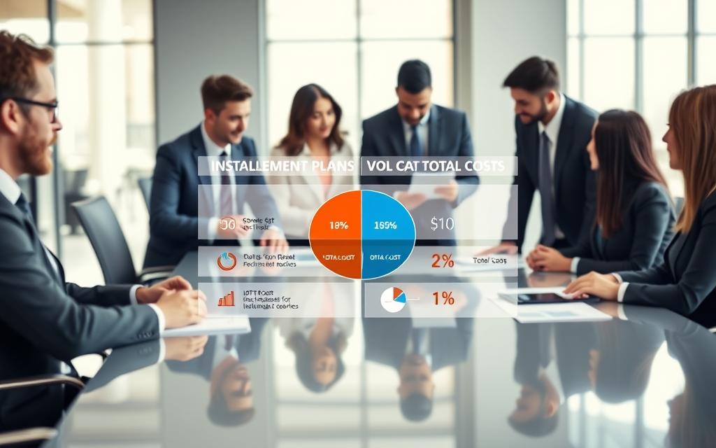 A visually striking comparison between debt installment plans and total costs, presented in a sleek and professional infographic style. In the foreground, a diverse group of individuals in business attire is engaged in a discussion, analyzing charts and financial documents on a sleek conference table. The middle ground features a large, clear infographic showing a split representation of installment plans versus total costs with visually distinct sections and vibrant colors to highlight differences. The background is an elegant office space with large windows allowing natural light to illuminate the scene, creating a positive and focused atmosphere. The composition should use a shallow depth of field to keep attention on the individuals and the infographic while softly blurring the background elements.